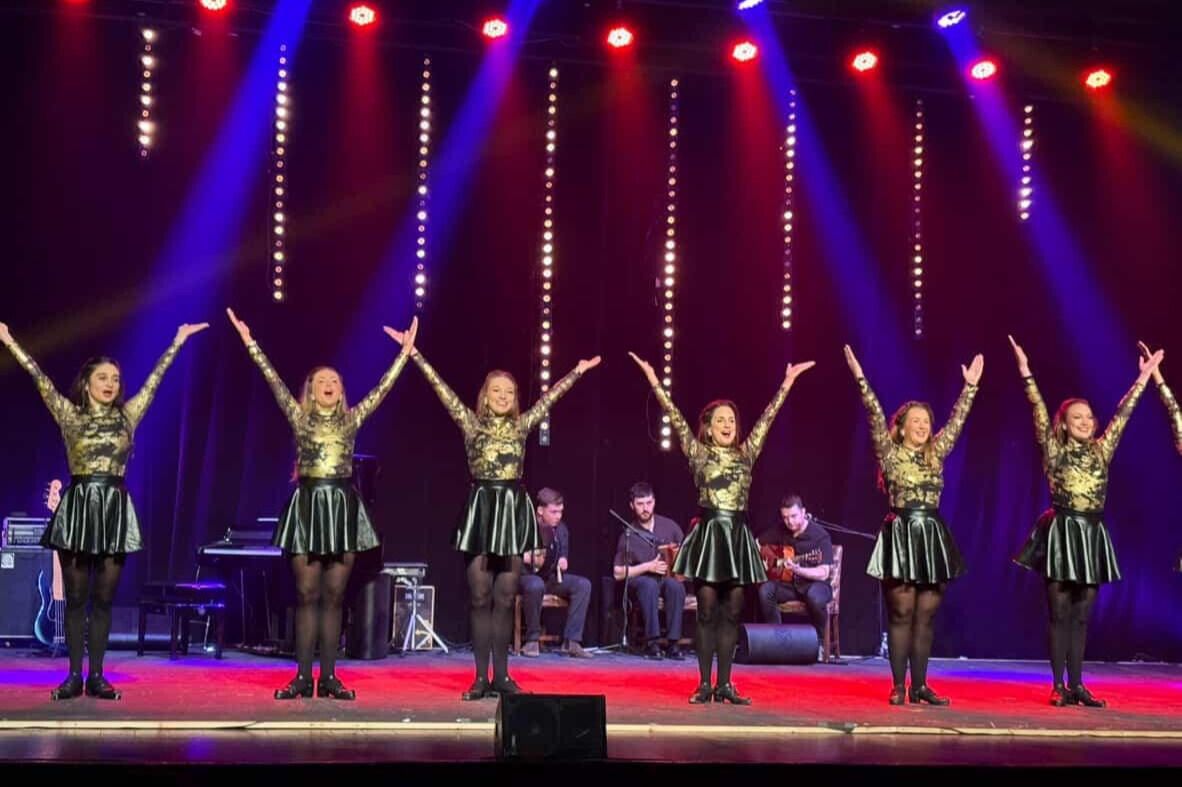 Elite Irish Dance performers during a live Irish dance stage show in the UK